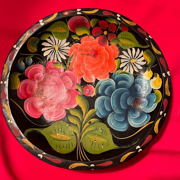 Other - Vintage Mexican batea wood Hand-Painted Floral Decorative Plate